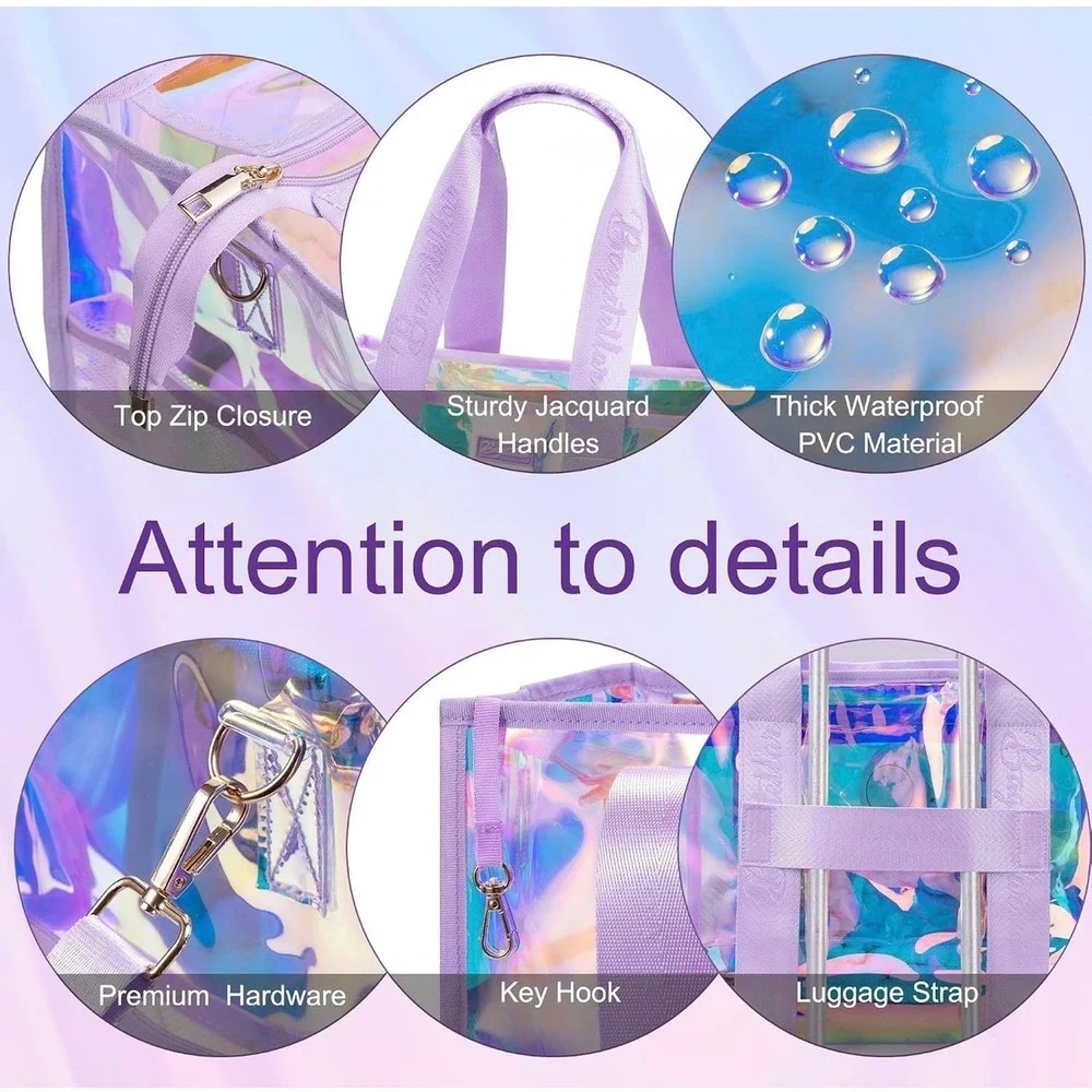 NWT Bagstellar Iridescent Clear Beach Tote Bag 4-Piece Waterproof Phone Kit